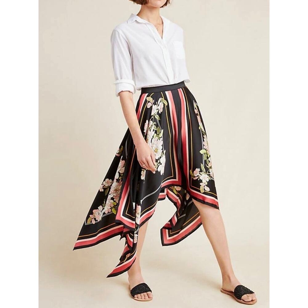 ANTHROPOLOGIE Isla Rose Jaqueline Boho Handkerchief Floral Skirt L Black Pink